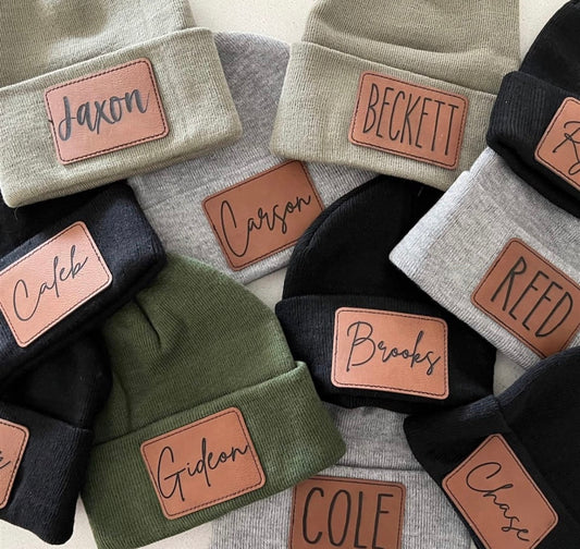 Kids Beanies with leather name patch